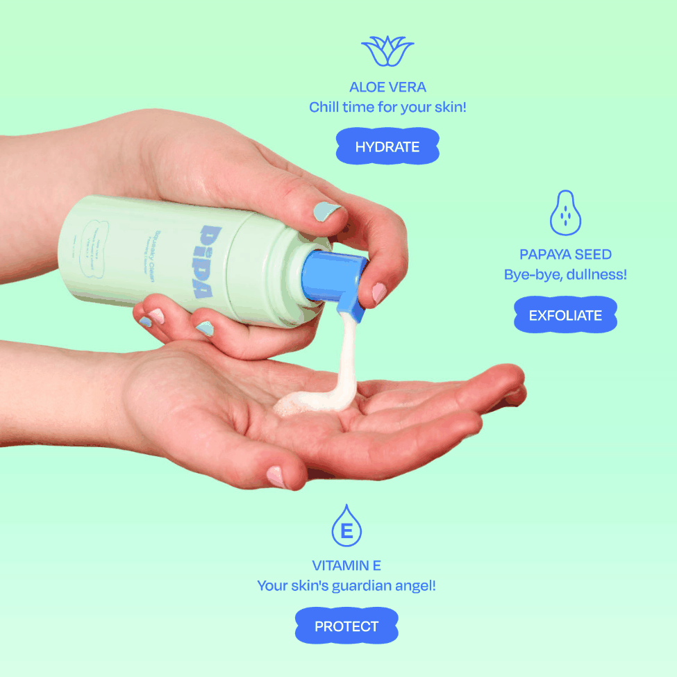 Squeaky Clean gentle face wash for kids with aloe vera, papaya seed, and vitamin E