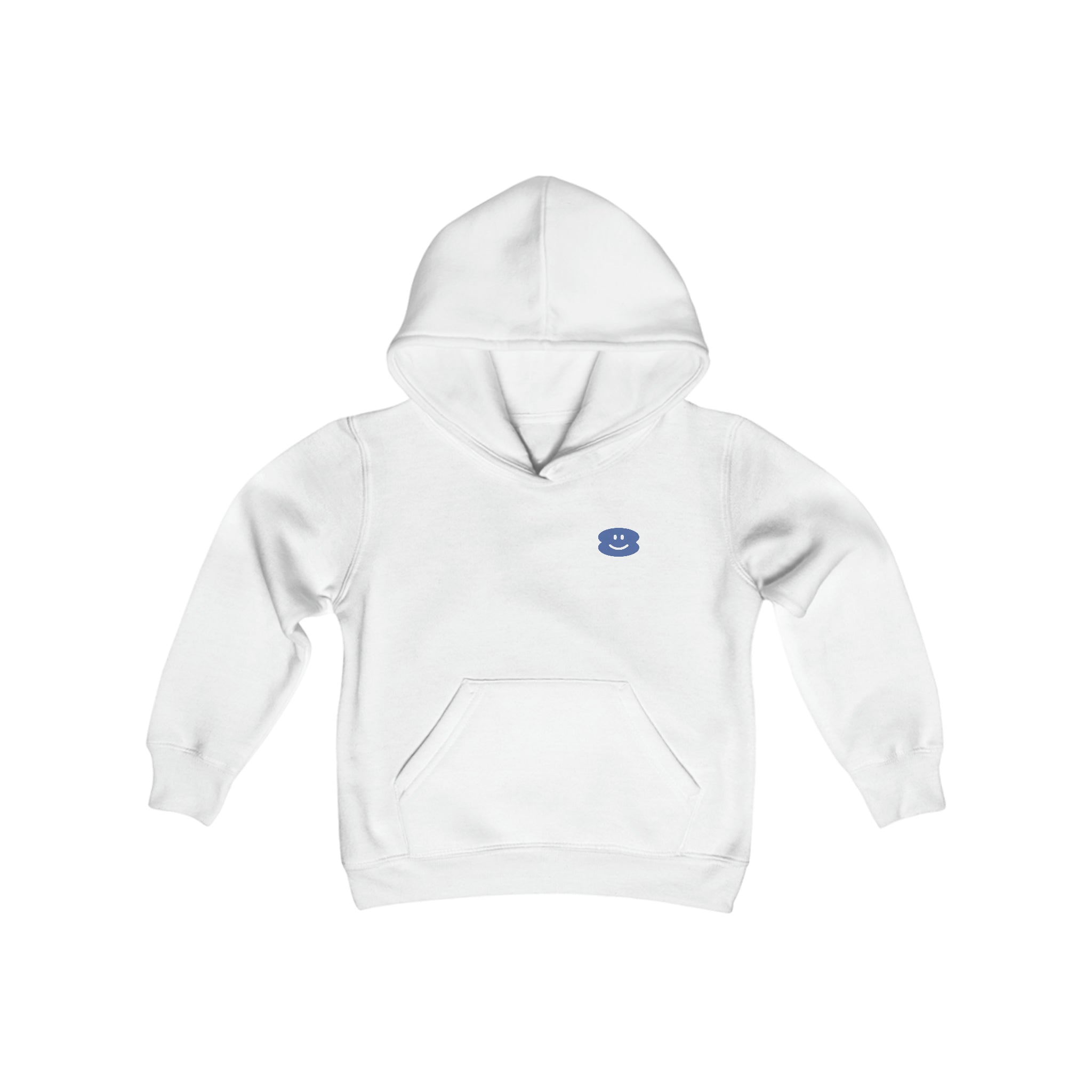 Youth Smile Hoodie in white, featuring a kangaroo pocket and smiley emblem.