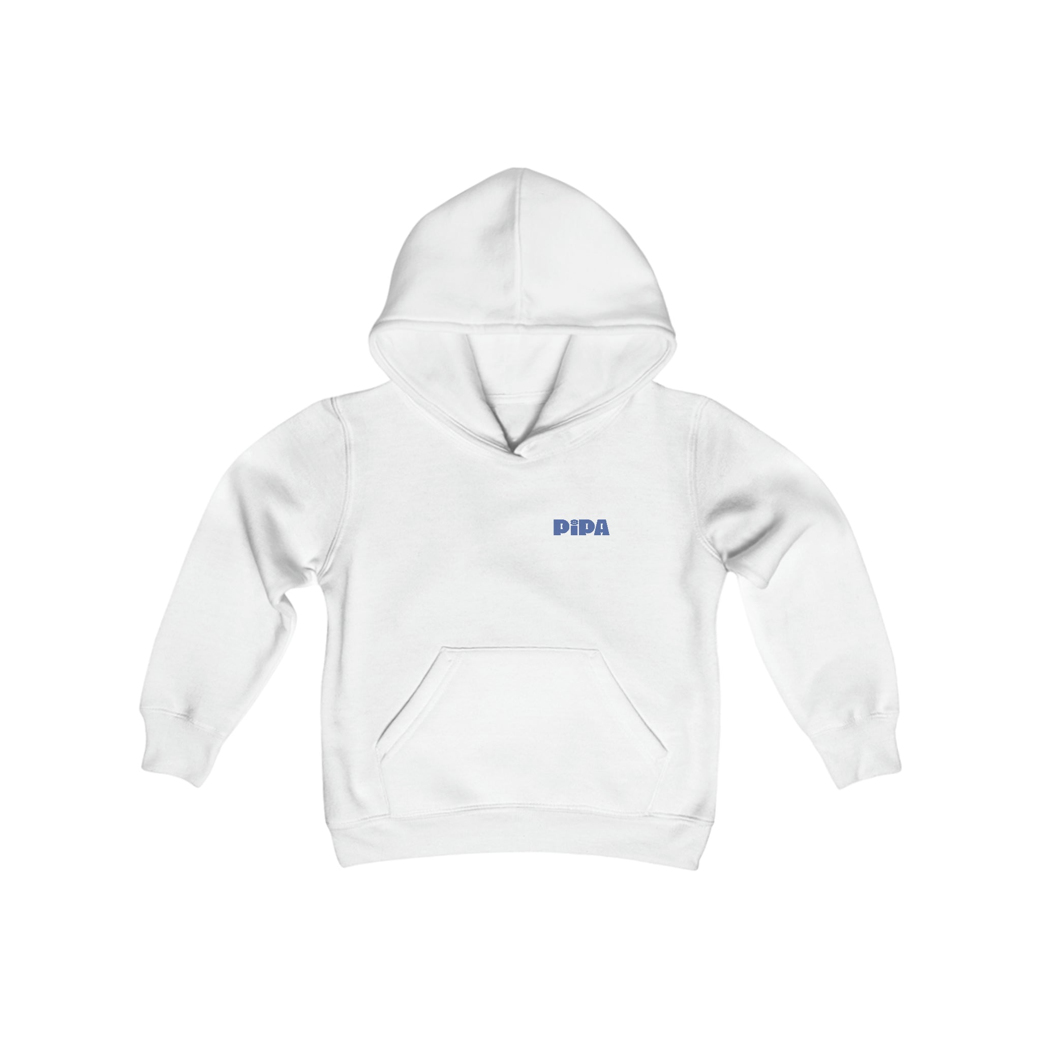 White youth hoodie with kangaroo pocket and Pipa logo.