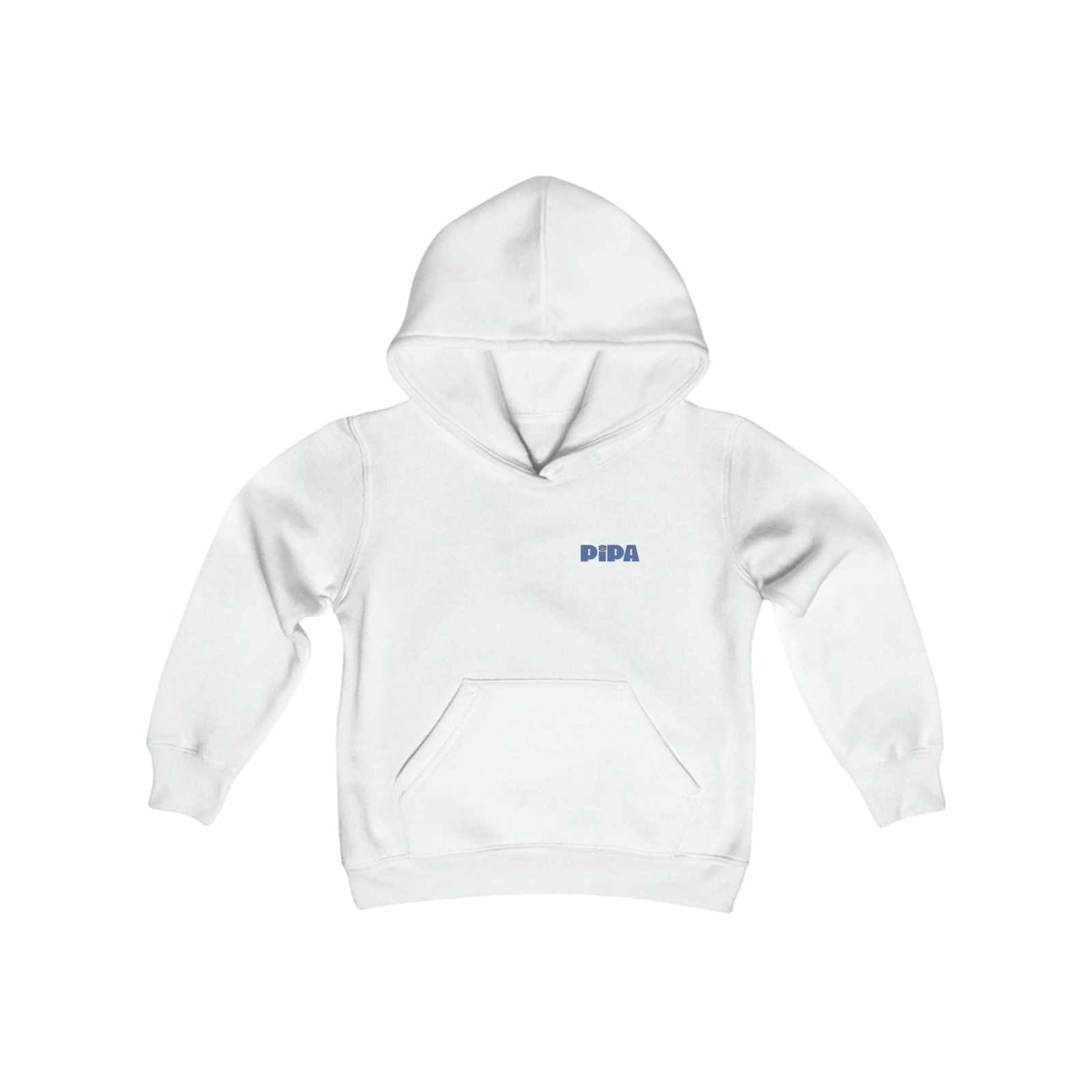 White youth hoodie with kangaroo pocket and Pipa logo.
