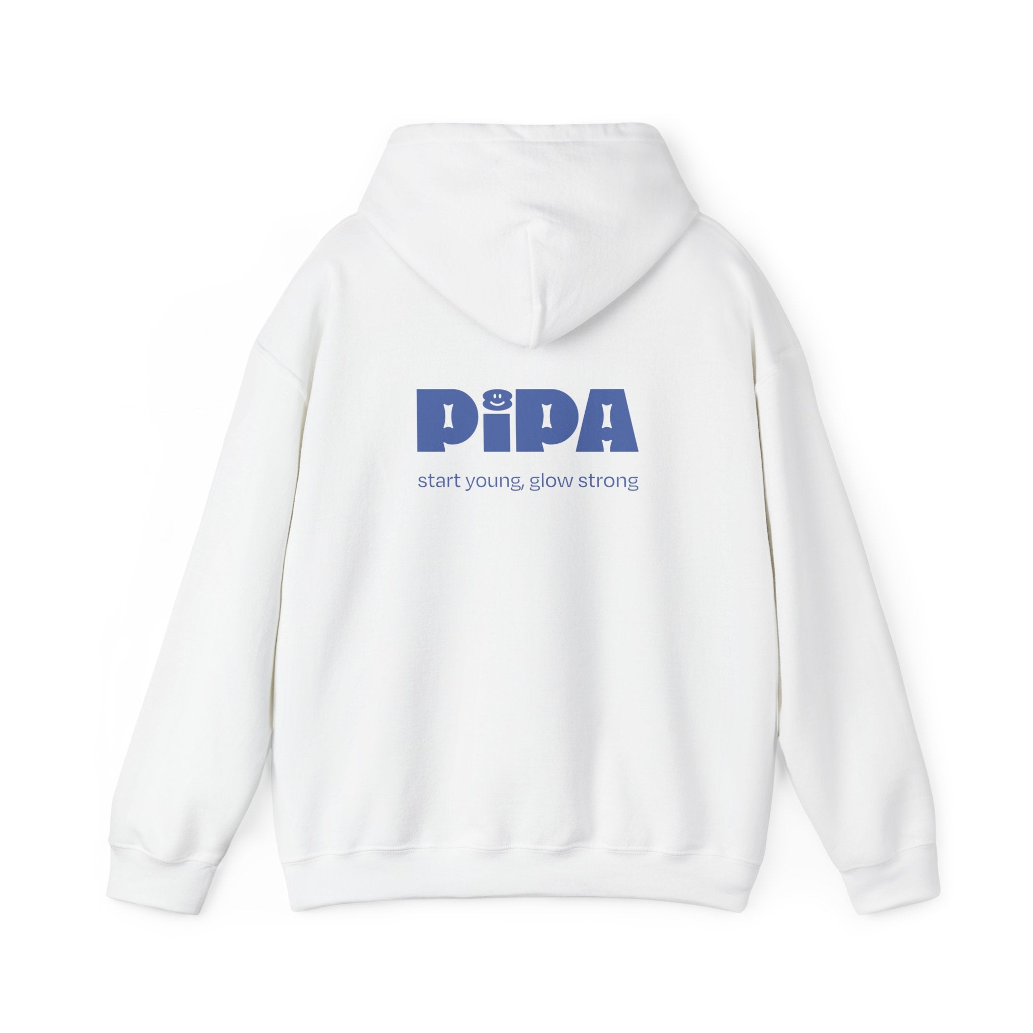 White Smile Hoodie with blue text design 