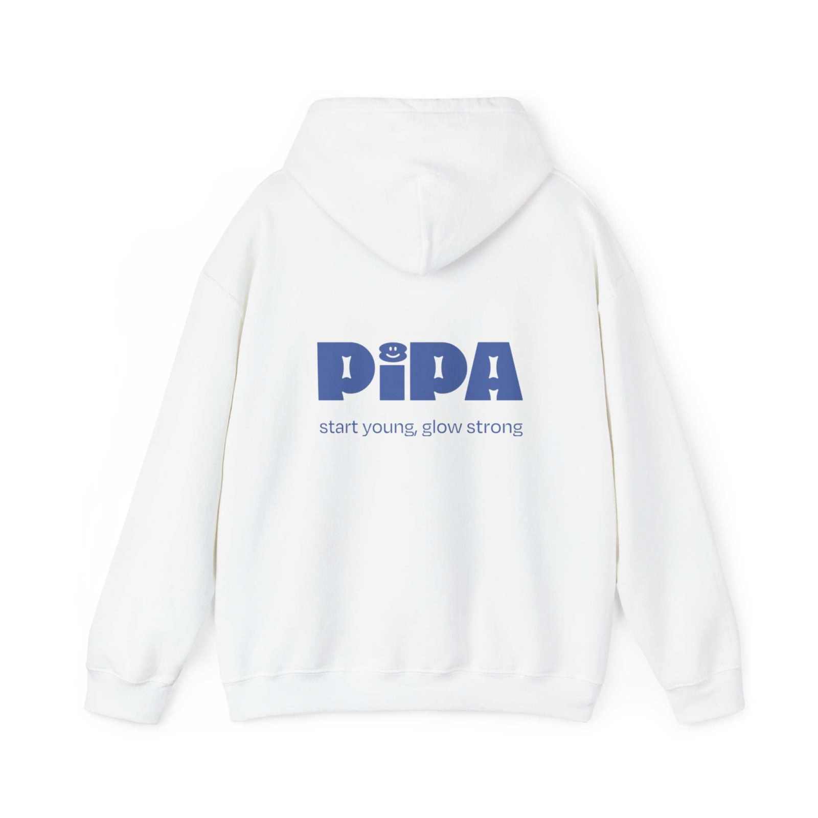 White Smile Hoodie with Pipa logo and text "start young, glow strong" on the back.