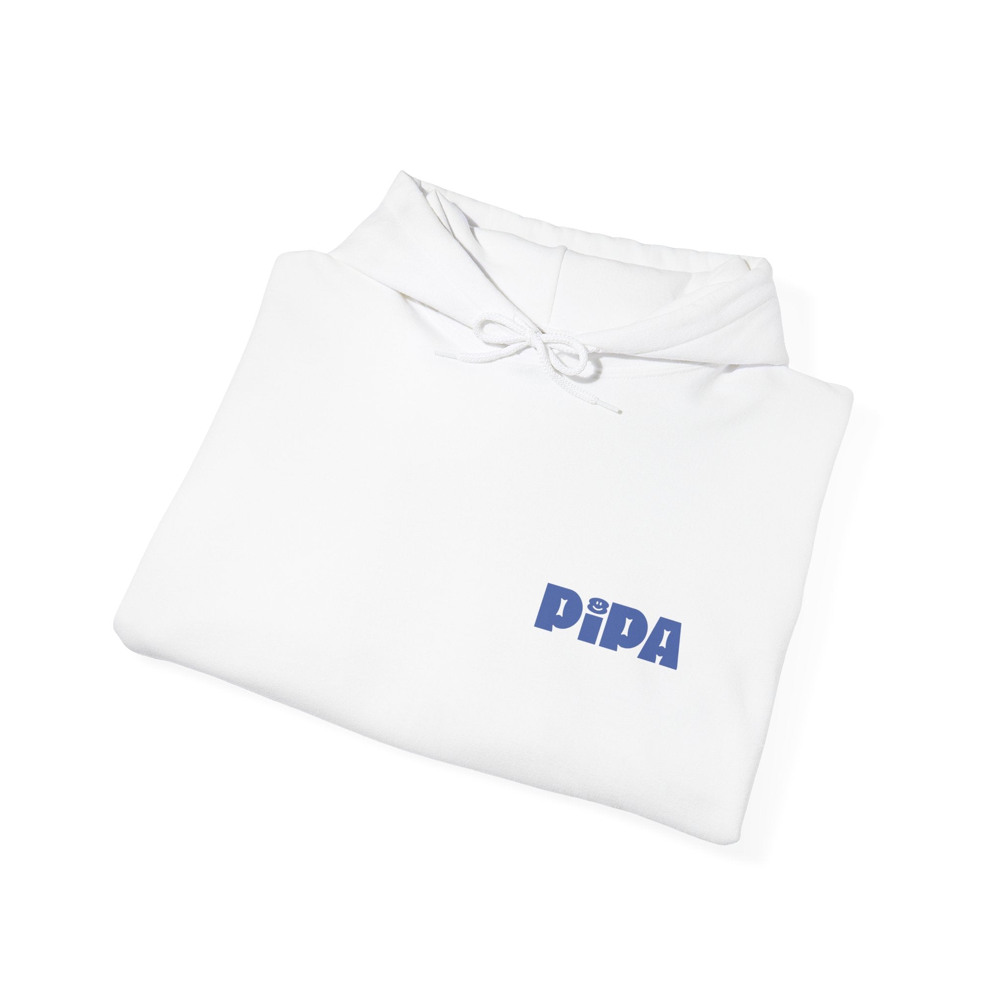 Folded white Pipa Hoodie with blue logo on chest and matching drawstring hood