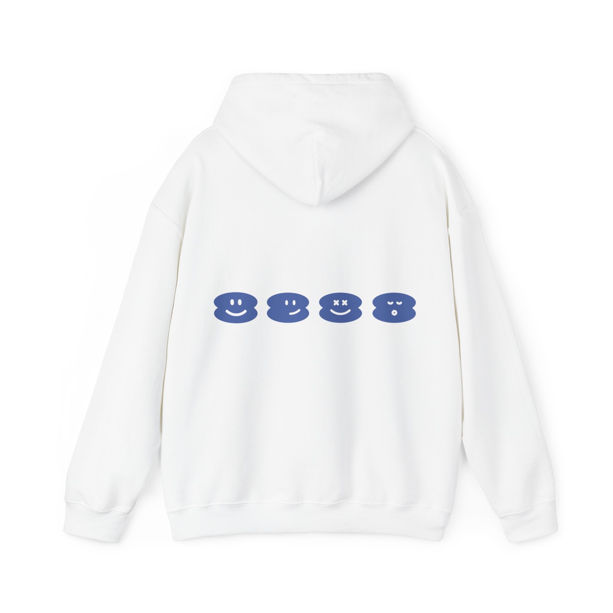 Unisex Pipa Hoodie, white with blue graphic on back, cozy cotton-polyester blend, kangaroo pocket.