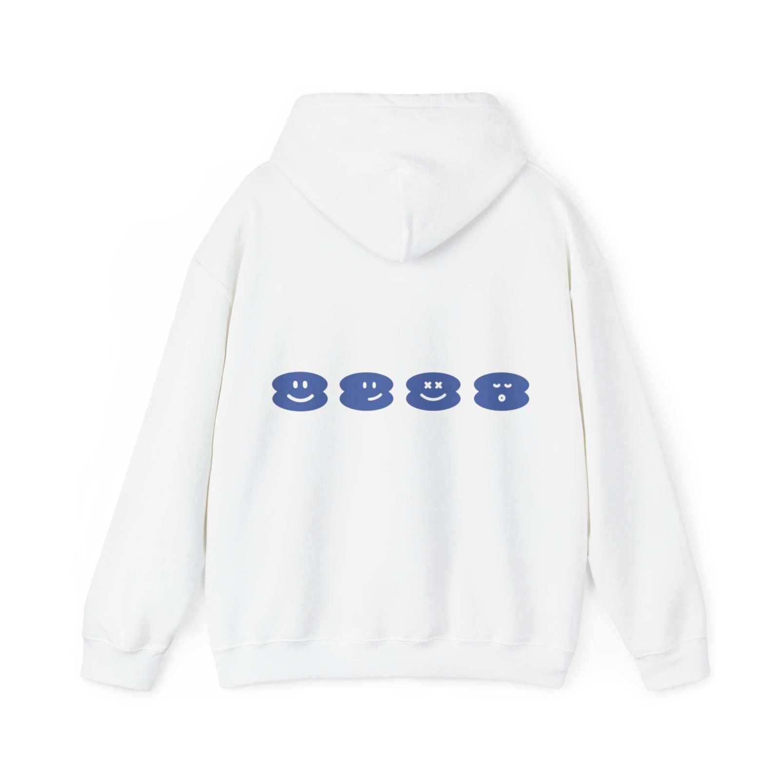 Unisex Pipa Hoodie, white with blue graphic on back, cozy cotton-polyester blend, kangaroo pocket.