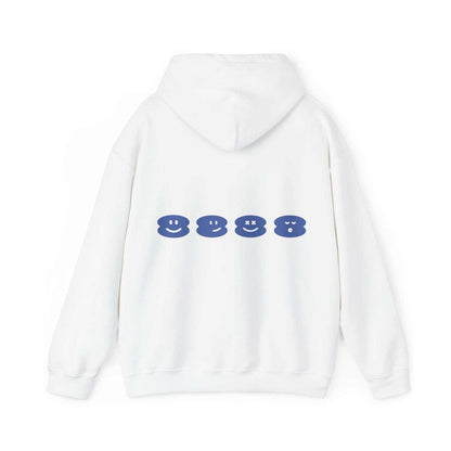 Unisex Pipa Hoodie, white with blue graphic on back, cozy cotton-polyester blend, kangaroo pocket.