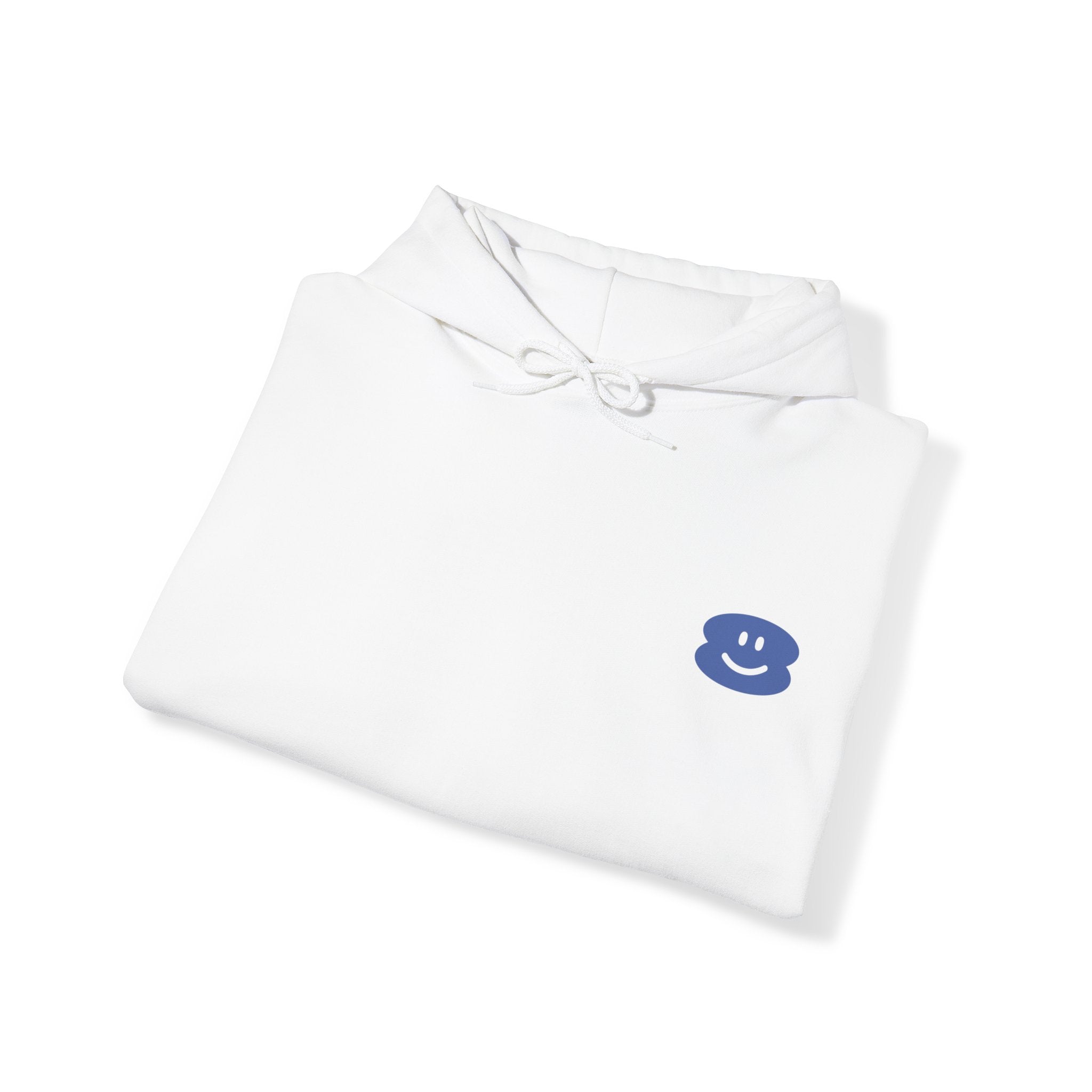 White Smile Hoodie with blue smiley face design, folded neatly with drawstrings visible.