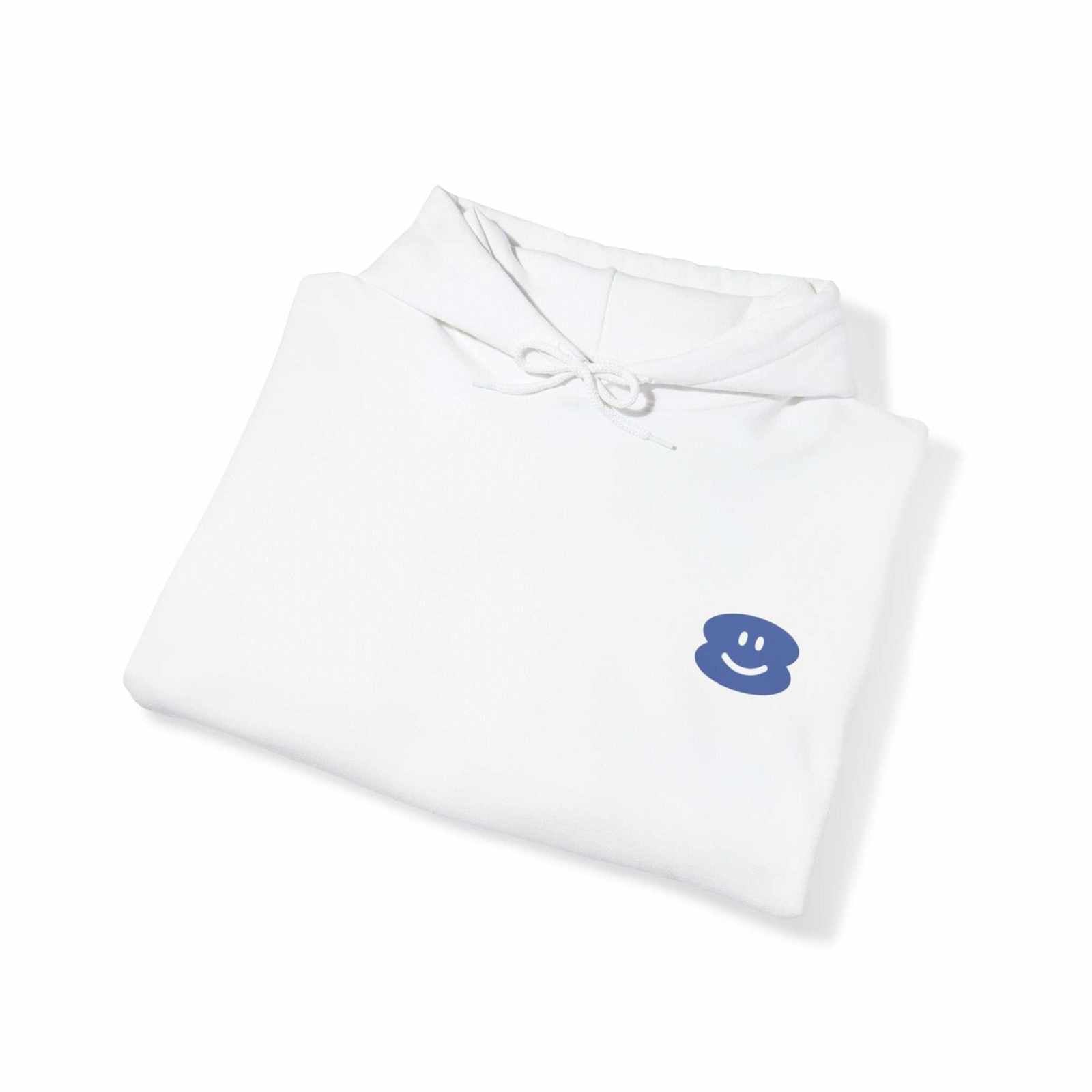 White Smile Hoodie with blue smiley face design, folded neatly with drawstrings visible.