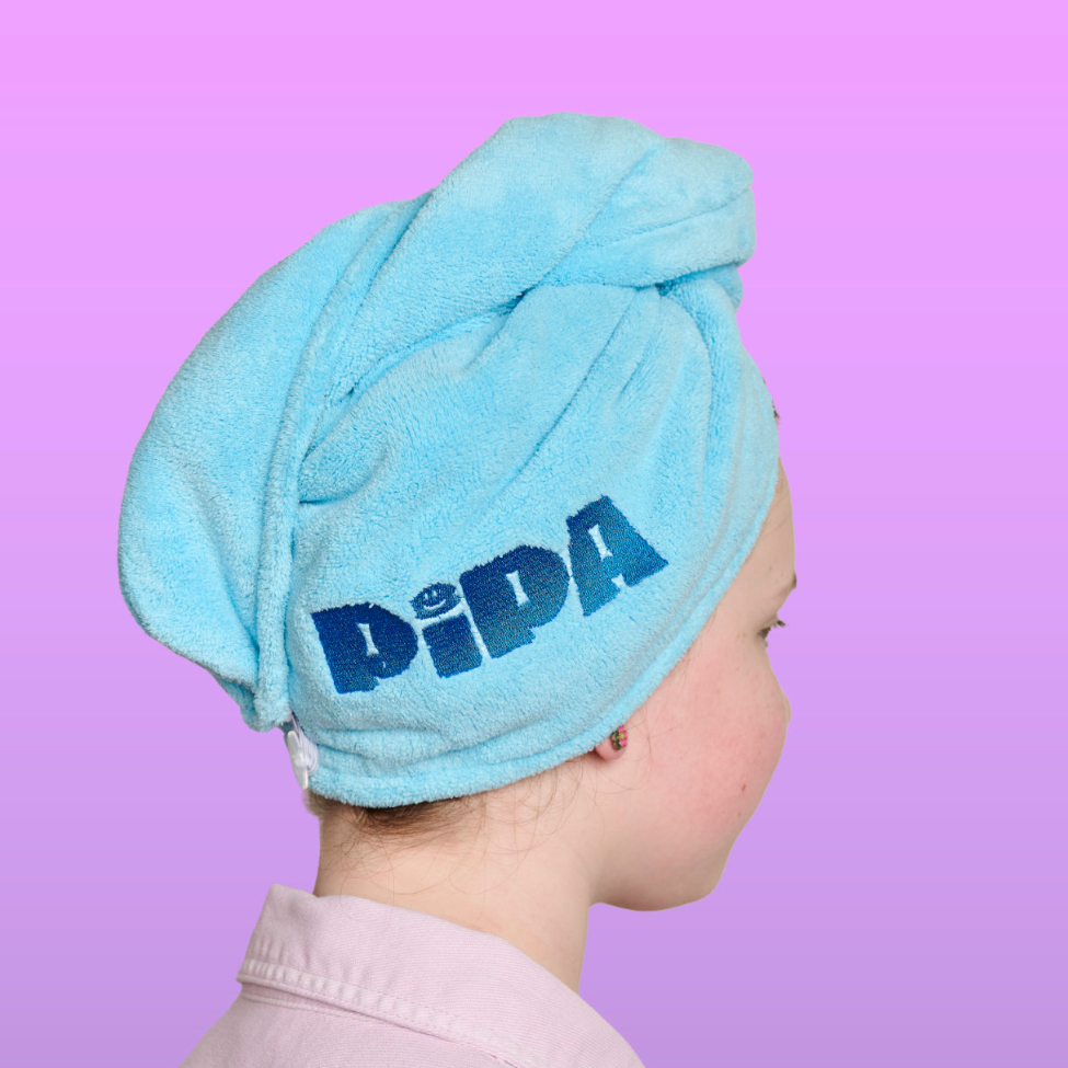 Pipa Hair Towel plush microfiber fabric fast water absorption reduces frizz and breakage secure twist-and-button design for tweens
