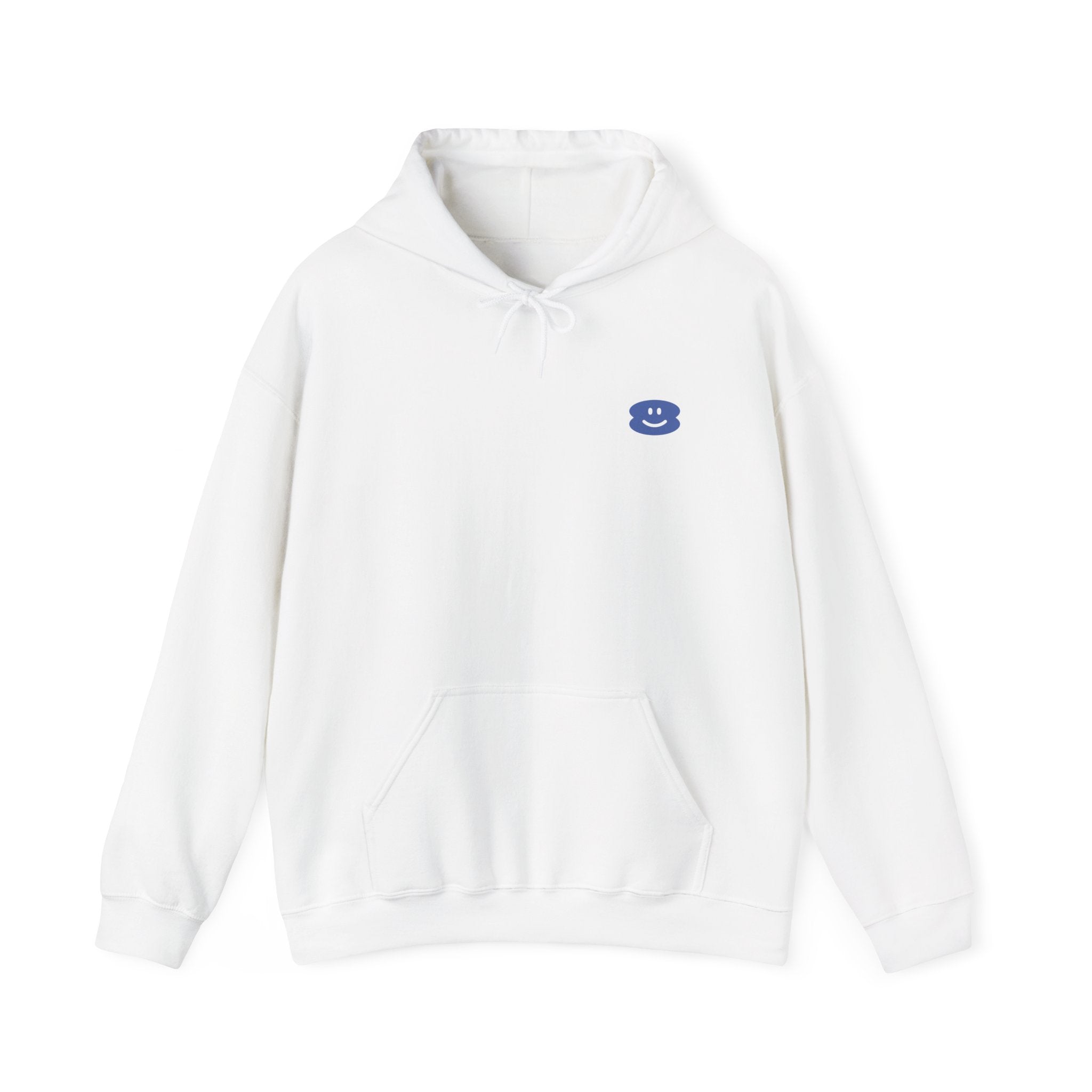 White unisex Smile Hoodie with blue smile logo, kangaroo pocket, and color-matched drawstring hood.