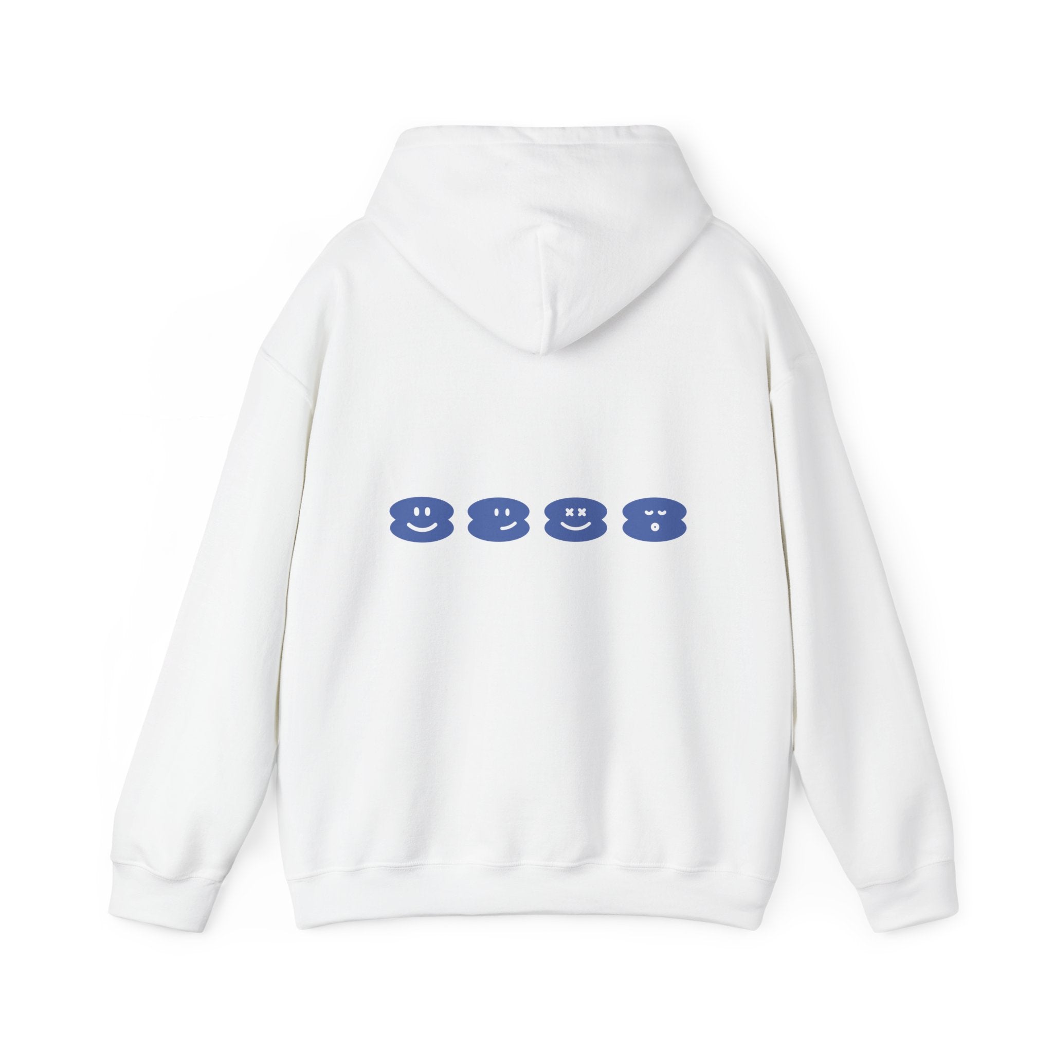 White Pipa Hoodie with blue smiley face designs on the back, unisex heavy blend cotton-polyester fabric, cozy and warm with kangaroo pocket and drawstring hood.