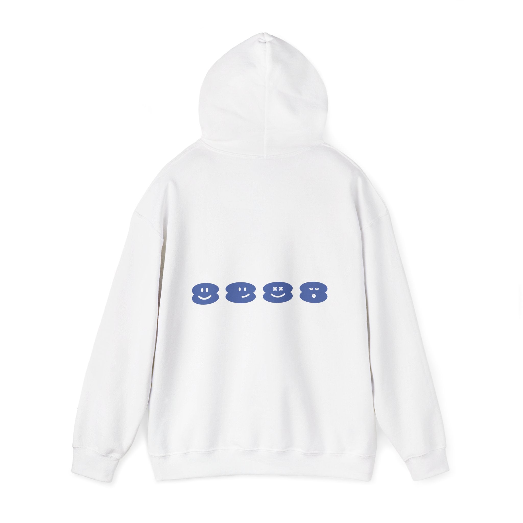White Pipa Hoodie with blue smiley face icons on the back made of cotton-polyester blend