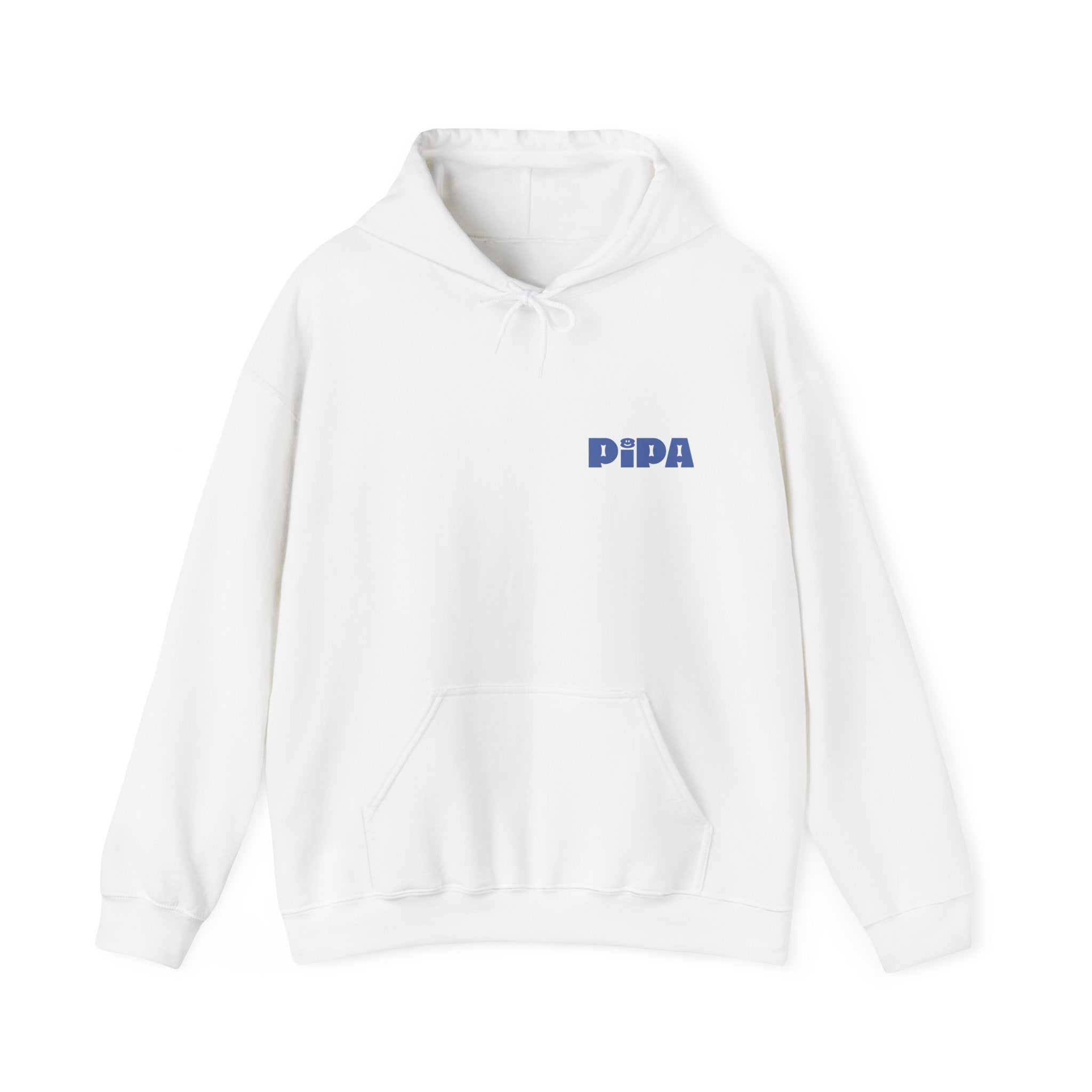 white Pipa Hoodie with front kangaroo pocket and color-matched drawstring hood, unisex heavy blend sweatshirt