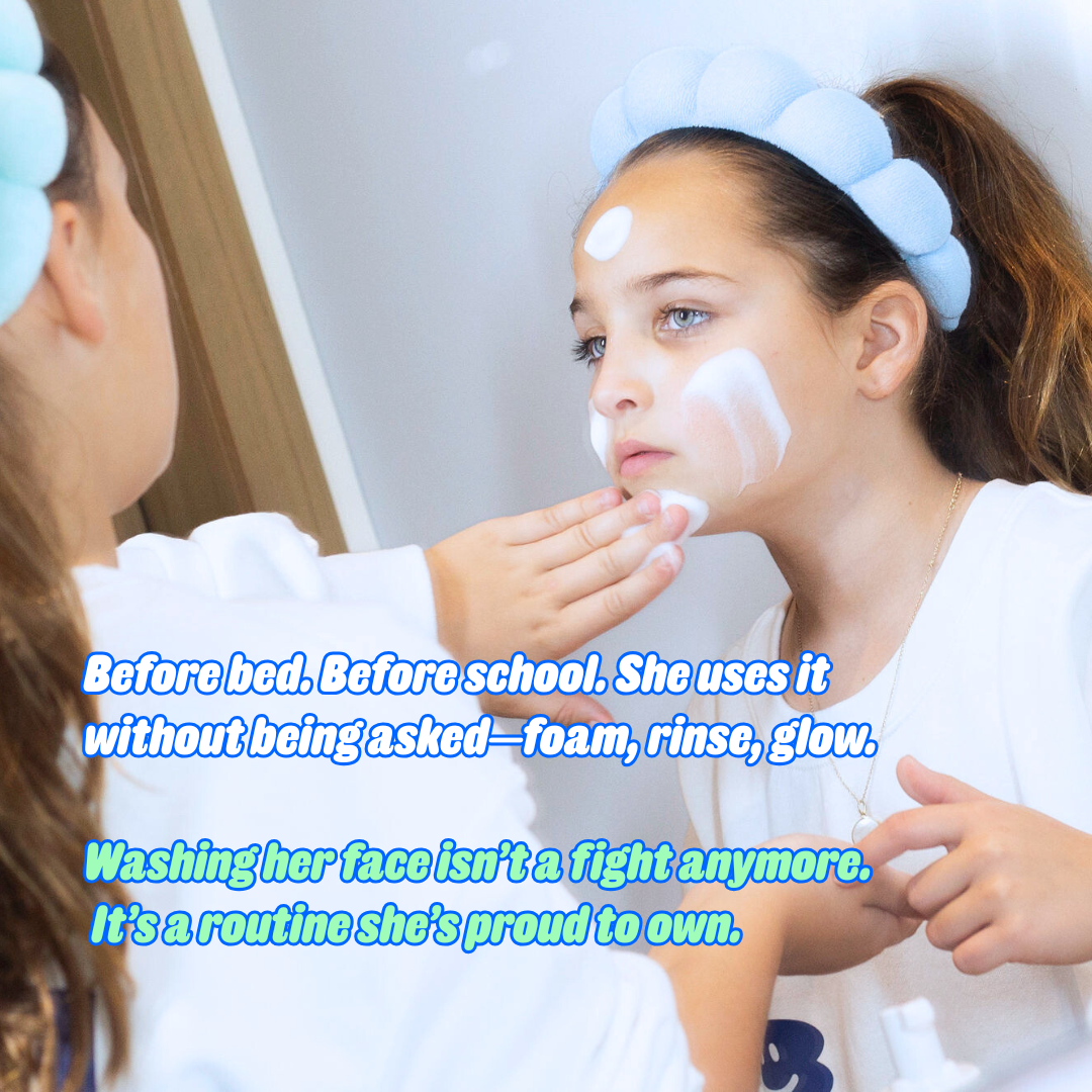 Young girl applying facial cleanser with a focus on the Clean Saver Duo routine.
