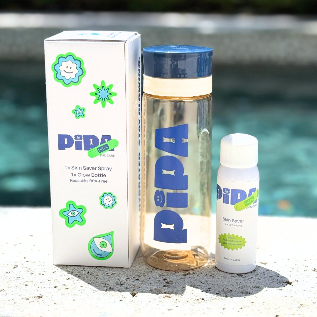 Skin Saver Duo with face and body spray and Pipa water bottle for hydration and clear skin.