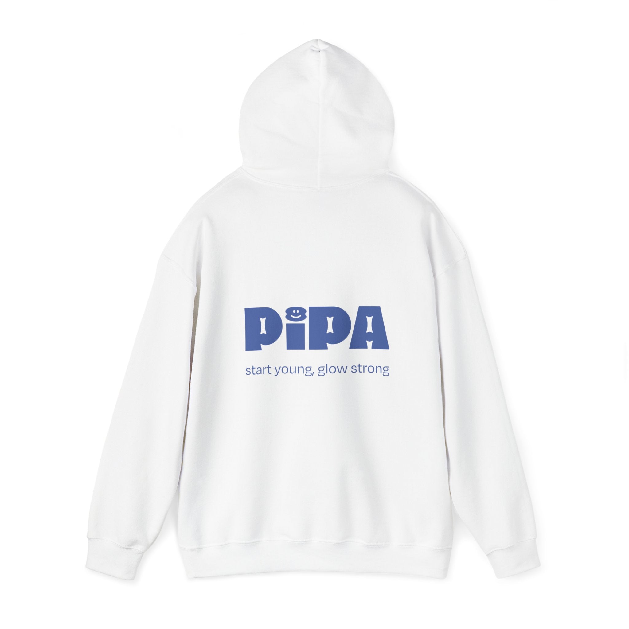 Smile Hoodie with Pipa logo, soft cotton blend, kangaroo pocket, white.