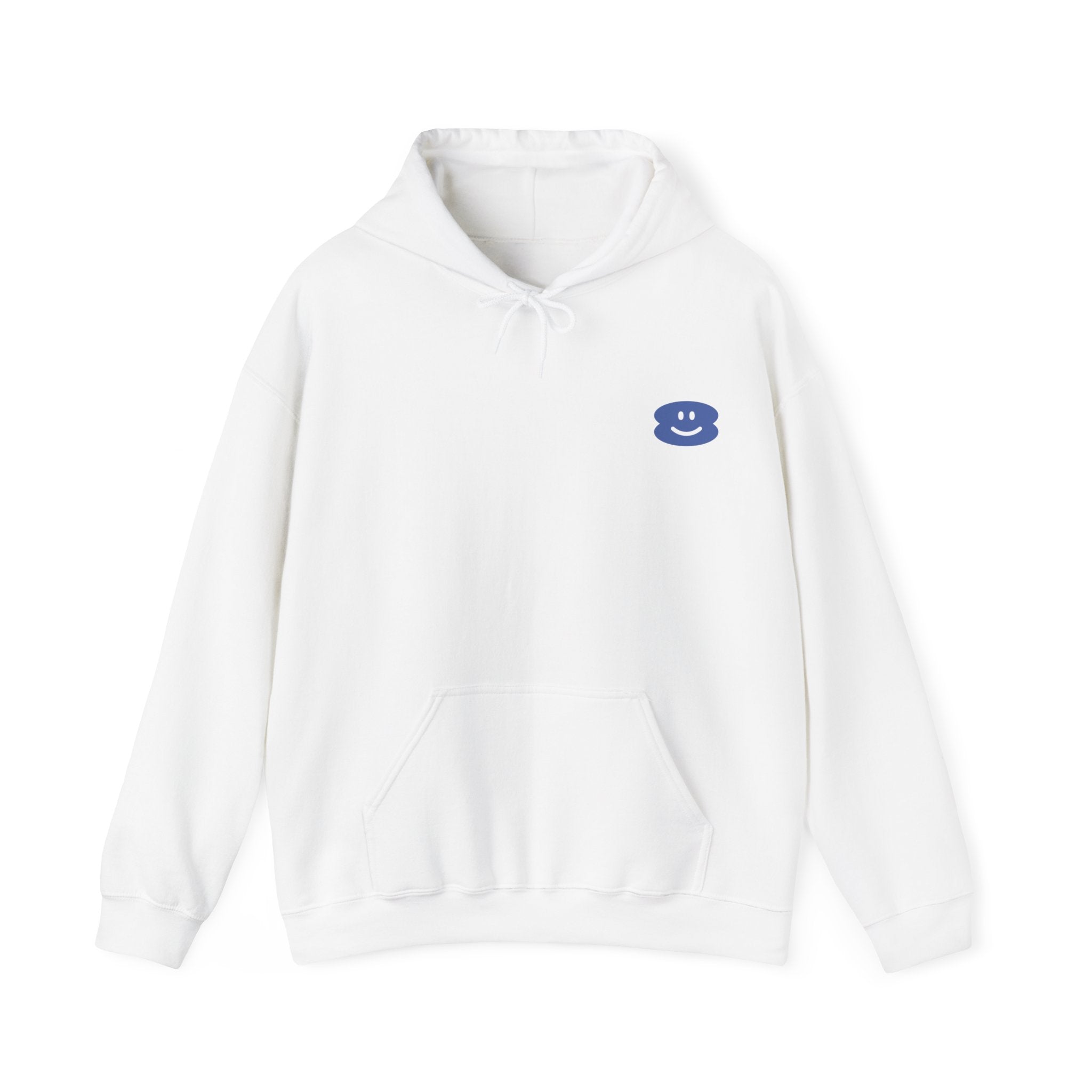 White hoodie with smiley face logo and kangaroo pocket.