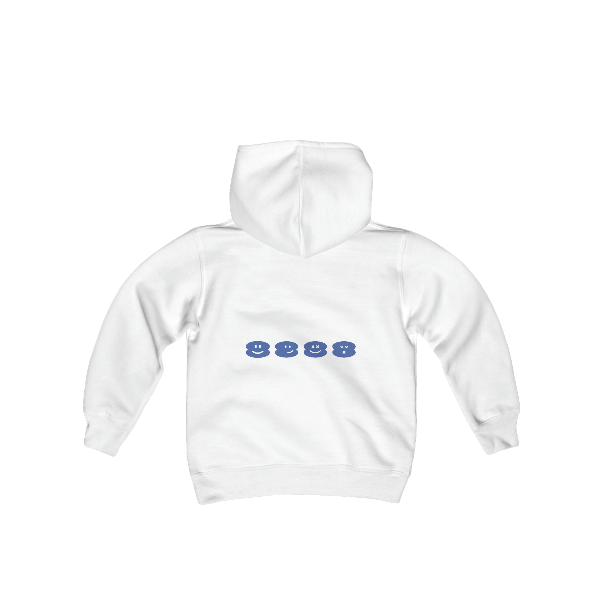 Youth white hoodie with blue smiley designs on the back.