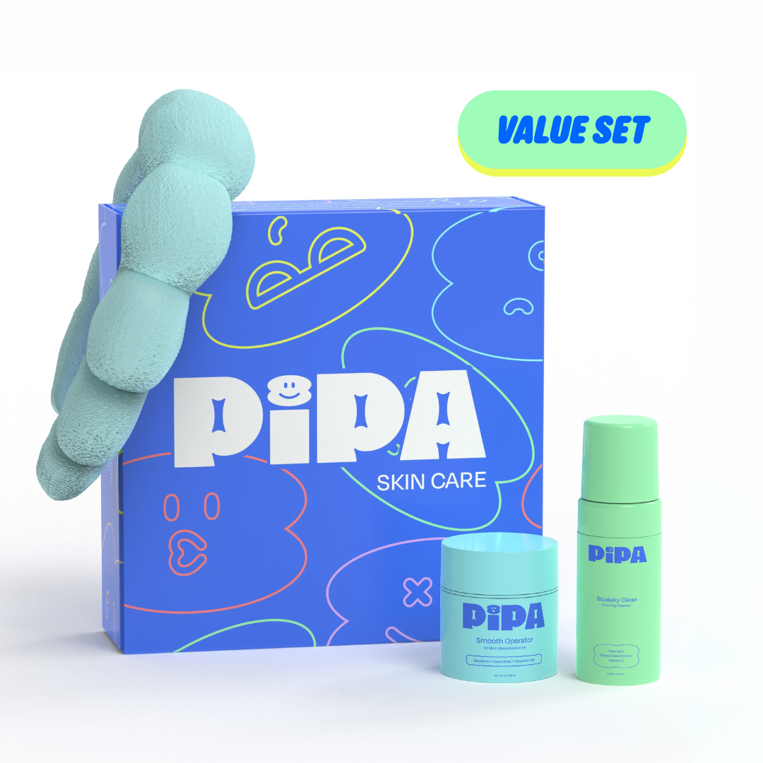 Daily Glow Bundle packaging with Squeaky Clean cleanser, Smooth Operator moisturizer, and Pipa Headband.