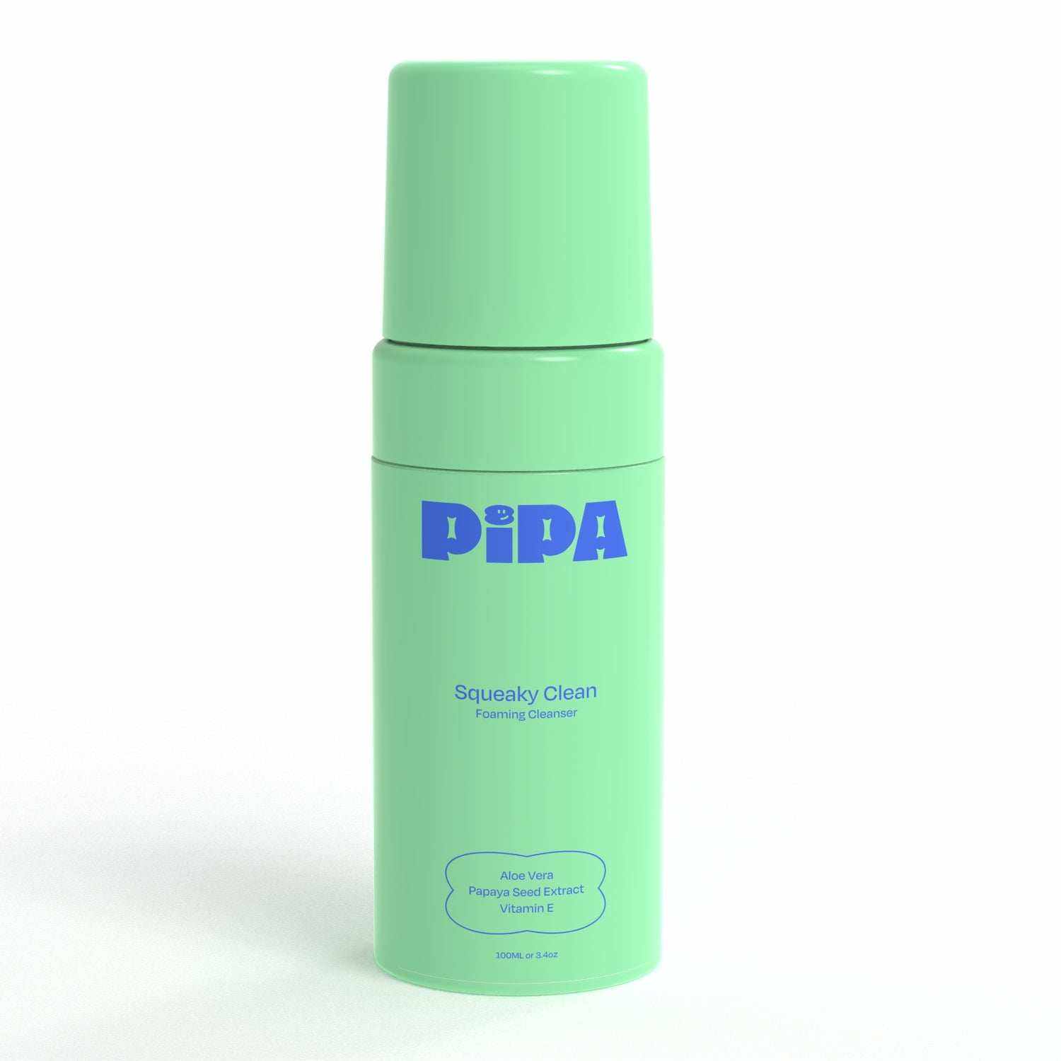 Mint green bottle of Squeaky Clean facial cleanser for tweens, featuring aloe vera, papaya seed, and vitamin E.