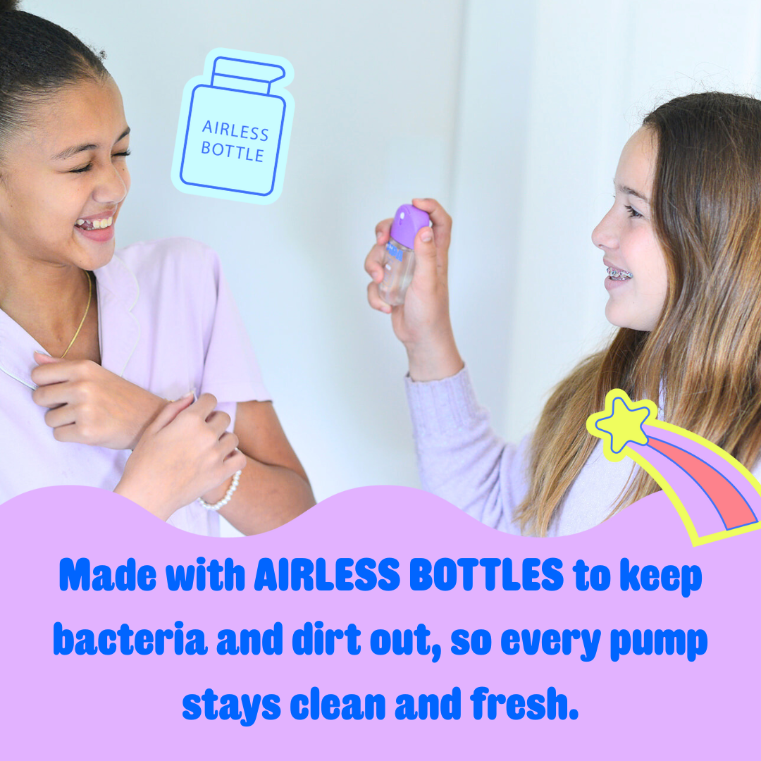 Mist application by young girls with Glow Go airless bottle.