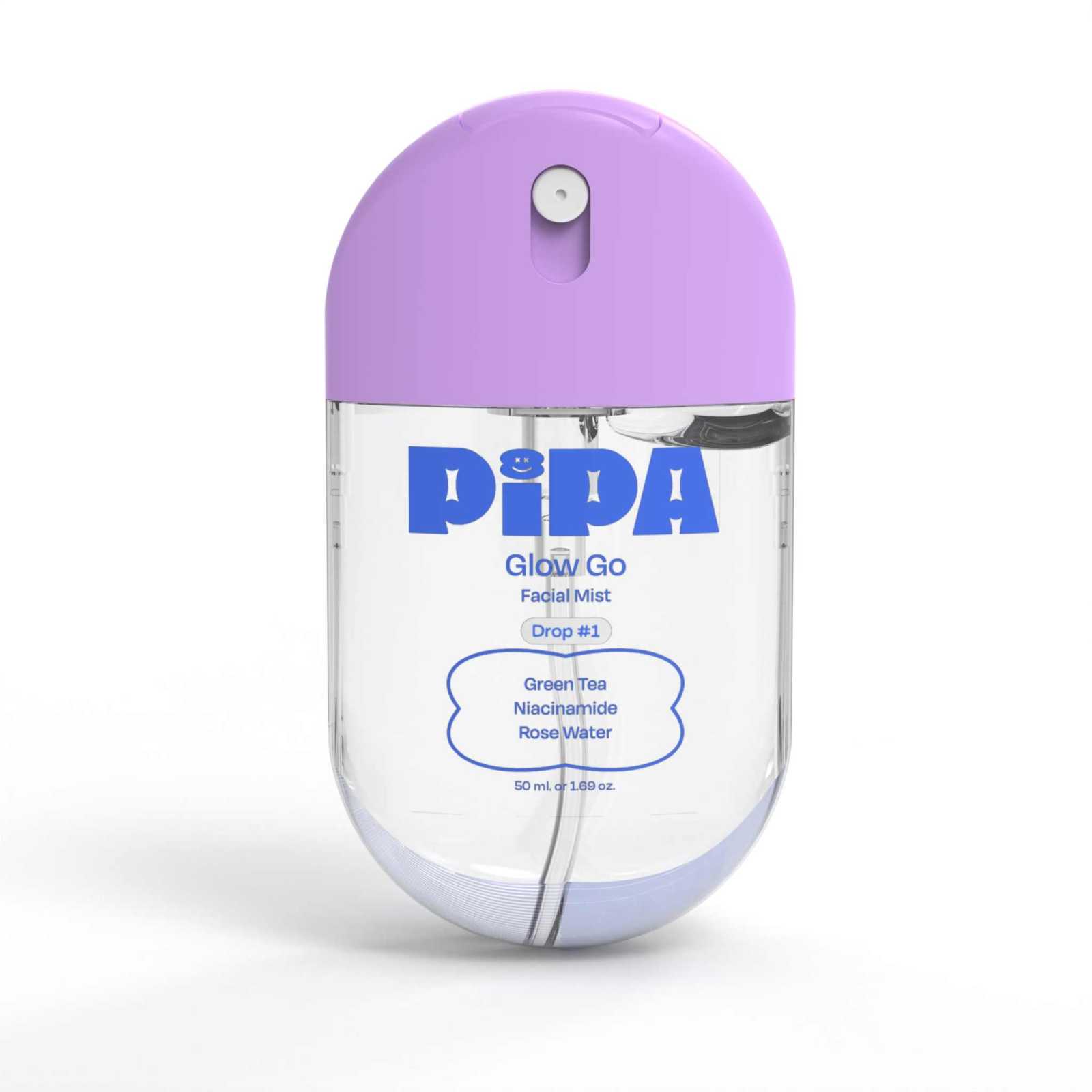 Glow Go facial mist bottle with purple cap designed for tweens, offering hydration and radiance.