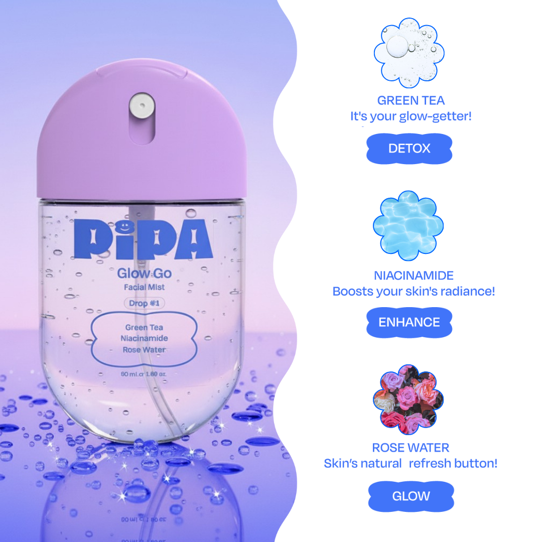 Glow Go facial mist bottle with green tea, niacinamide, and rose water for skin hydration and radiance