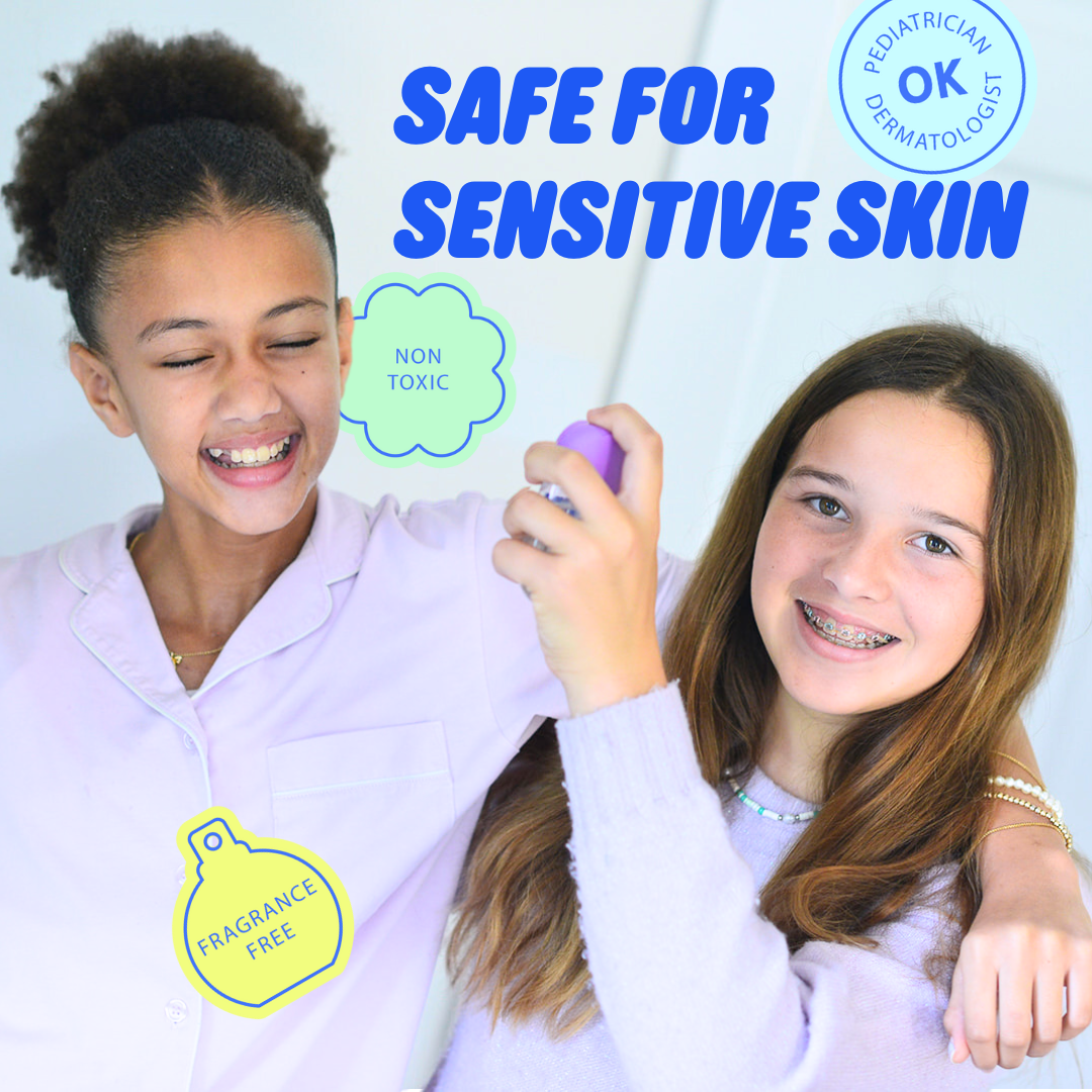 Glow Go mist for tweens; dermatologist approved, safe for sensitive skin, non-toxic, fragrance-free.