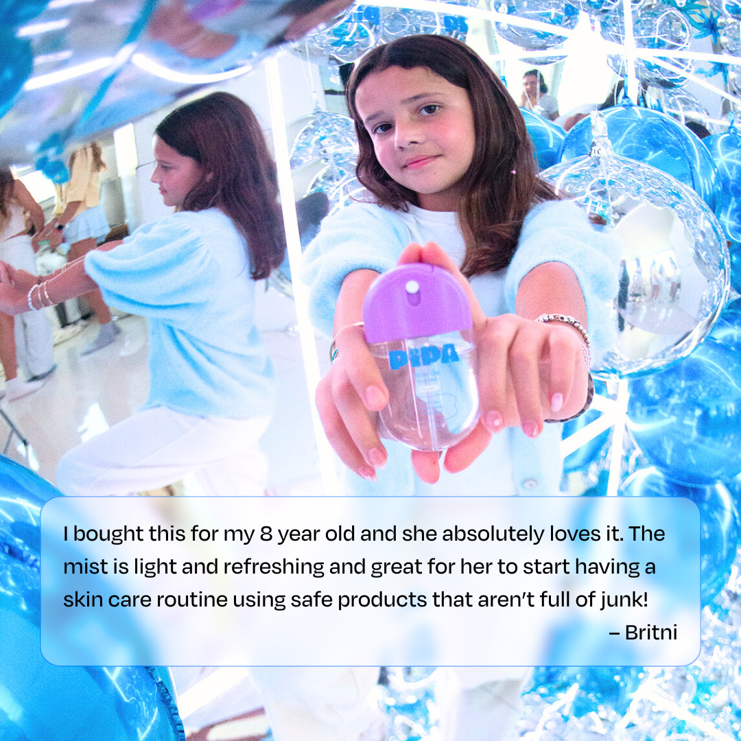 Tween girl holding Glow Go mist with reflective balloons background, promoting hydration and skin refreshment