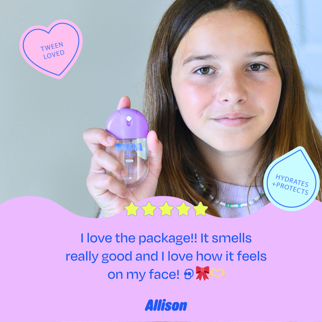 Tween holding Glow Go mist bottle, highlighting its hydrating and protective qualities with a positive review.