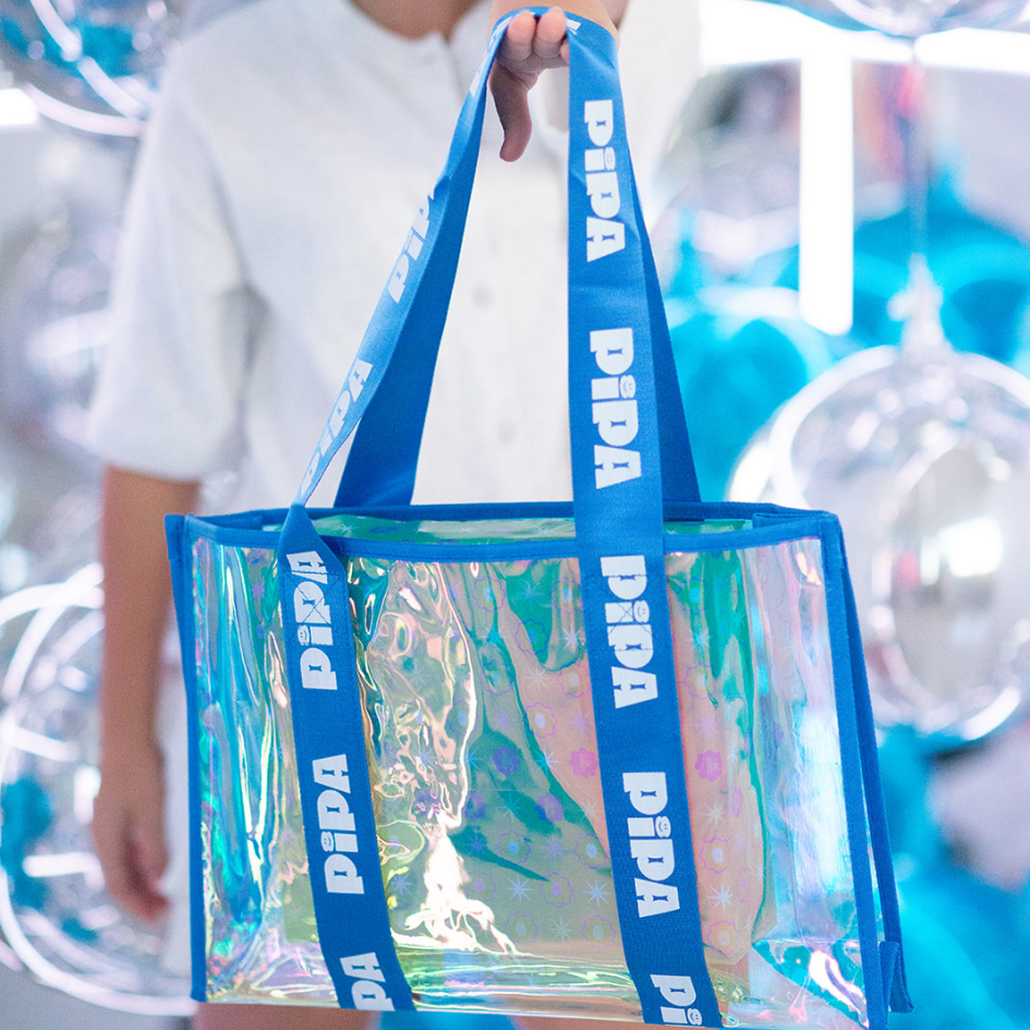 Pipa Blue Bag jelly tote with blue straps and iridescent body
