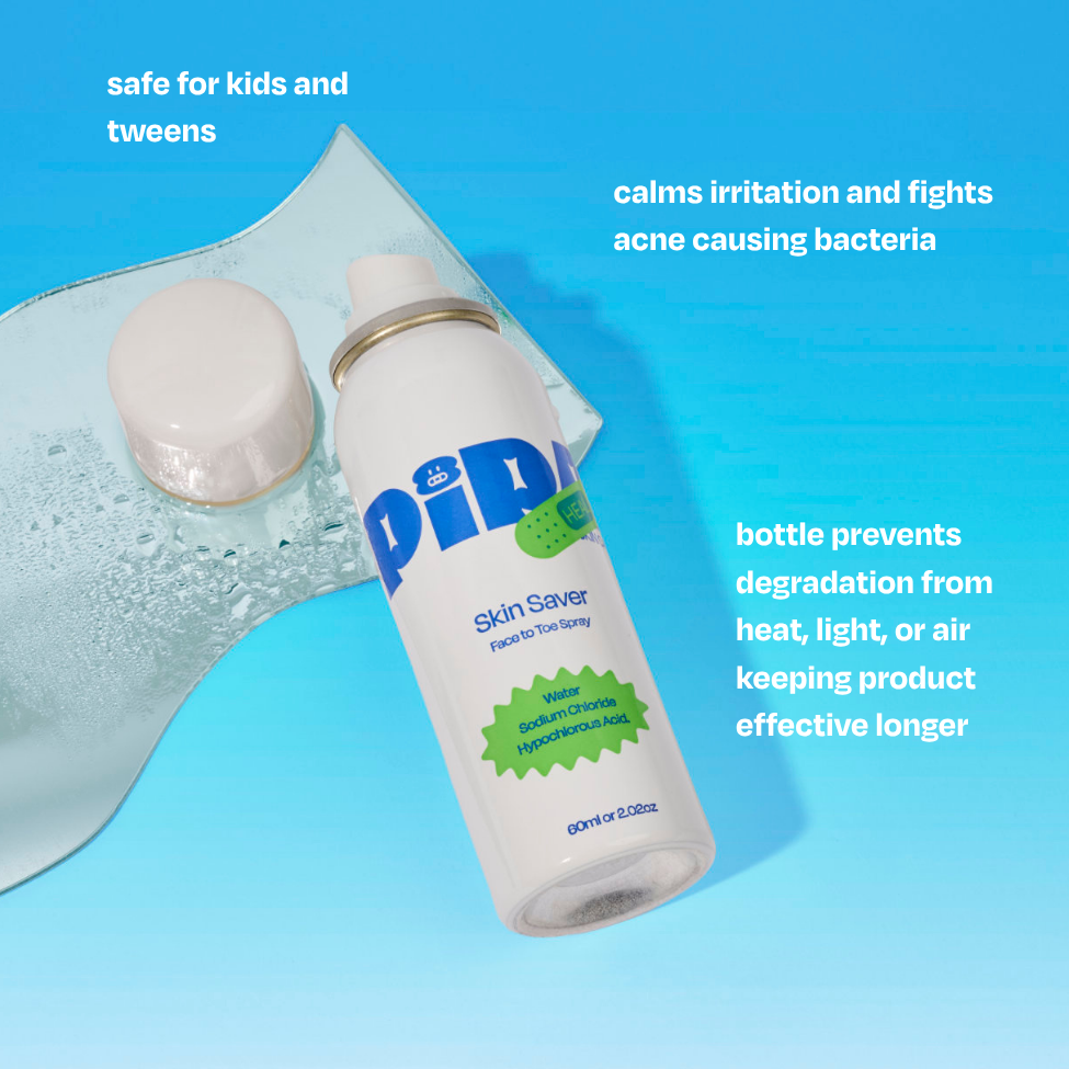 Pipa Pouch with Squeaky Clean foaming cleanser, Skin Saver healing spray, and Sun-Sational mineral SPF30 sunscreen for tween skincare bundle