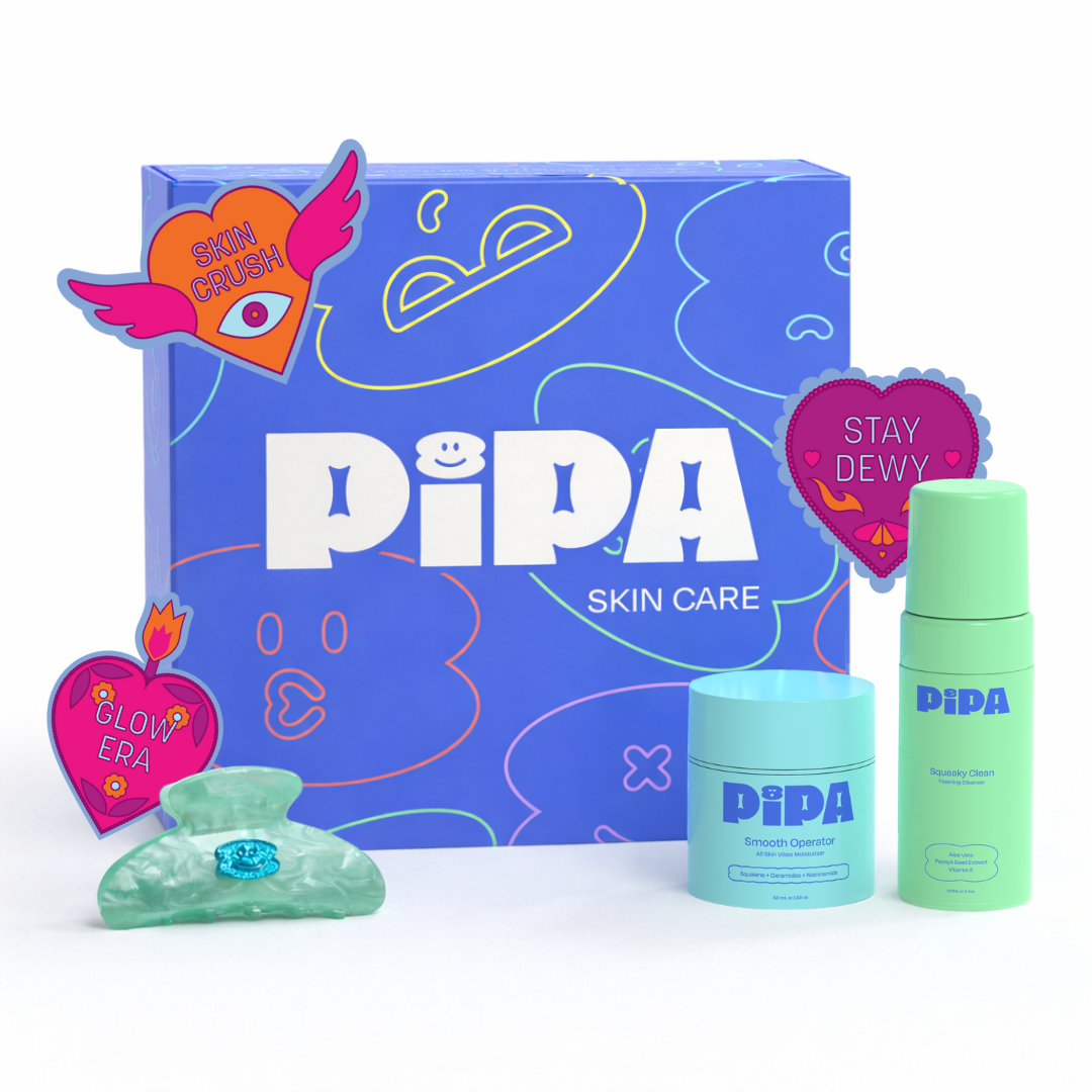 Skin Crush Bundle featuring Squeaky Clean cleanser, Smooth Operator moisturizer, and Pipa Claw Clip for tween skincare