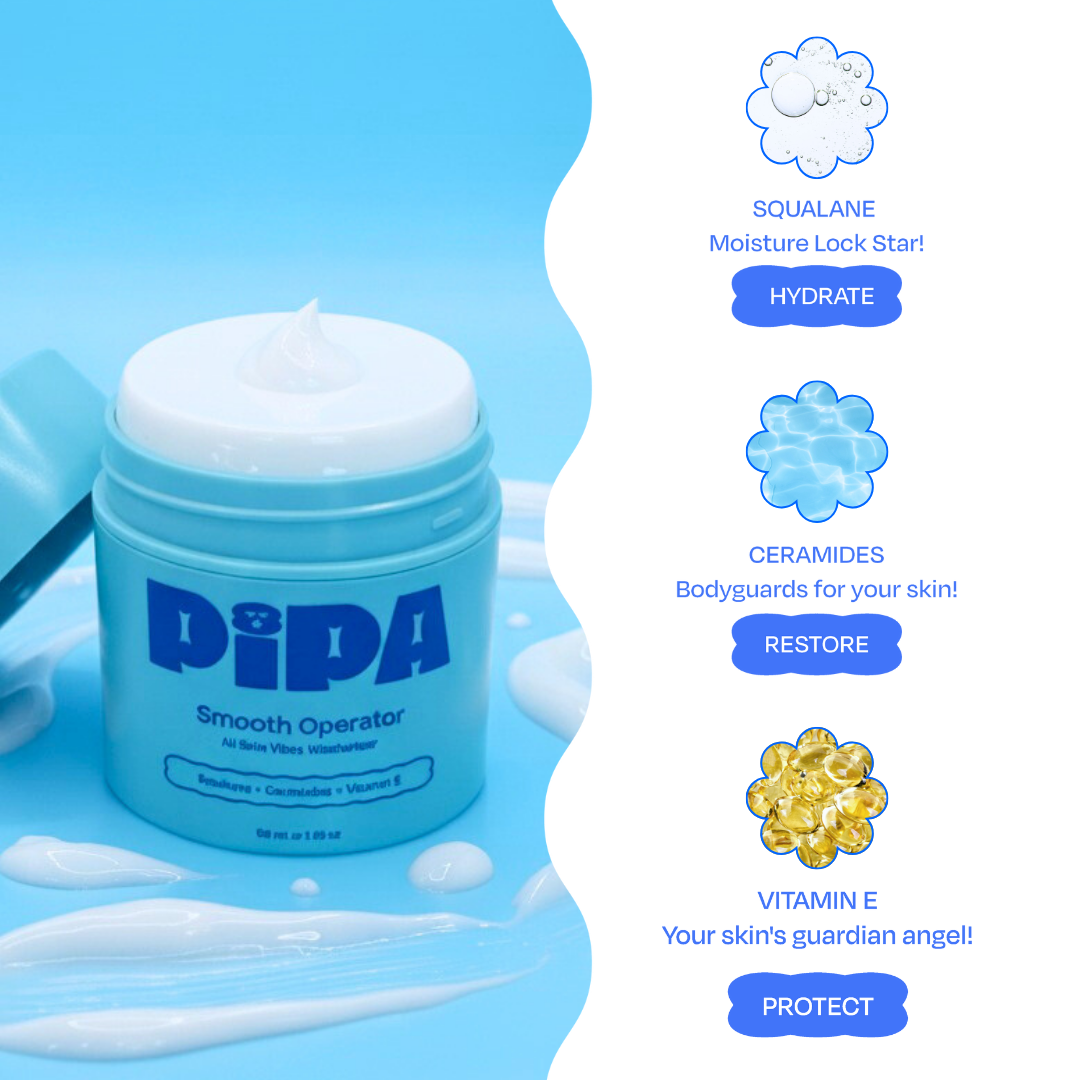 Smooth Operator facial moisturizer with squalane, ceramides, and vitamin E for hydration and skin restoration