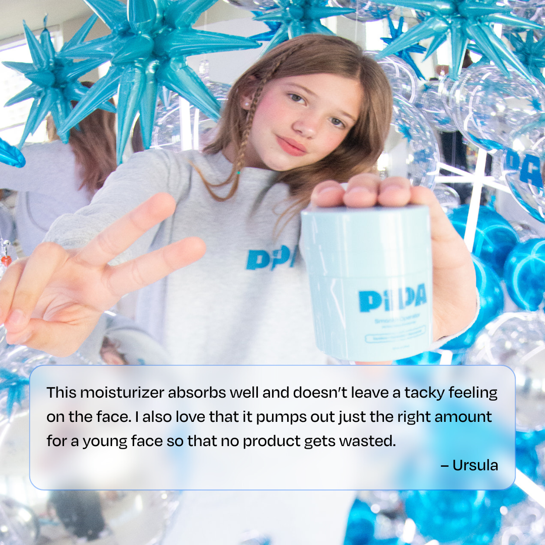 Tween girl holding Smooth Operator facial moisturizer jar with blue star balloons background