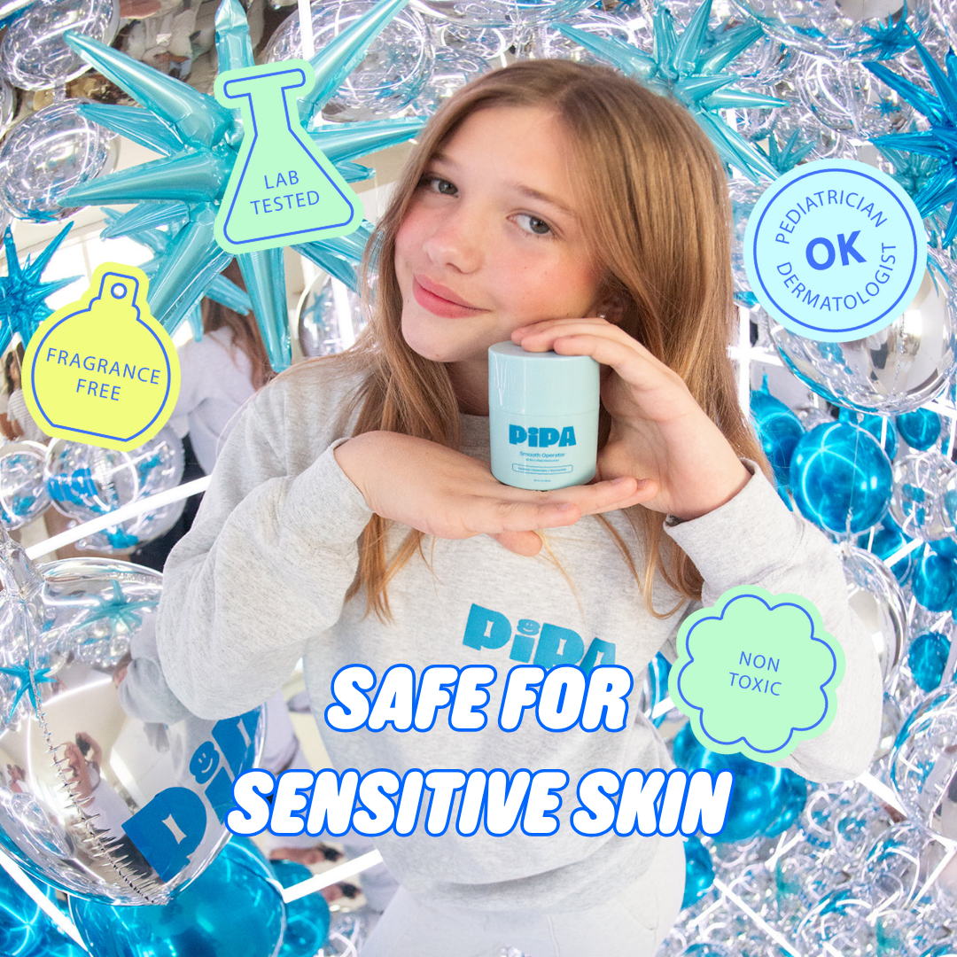 Tween holding Smooth Operator facial moisturizer container with safe for sensitive skin claims and blue decorative background