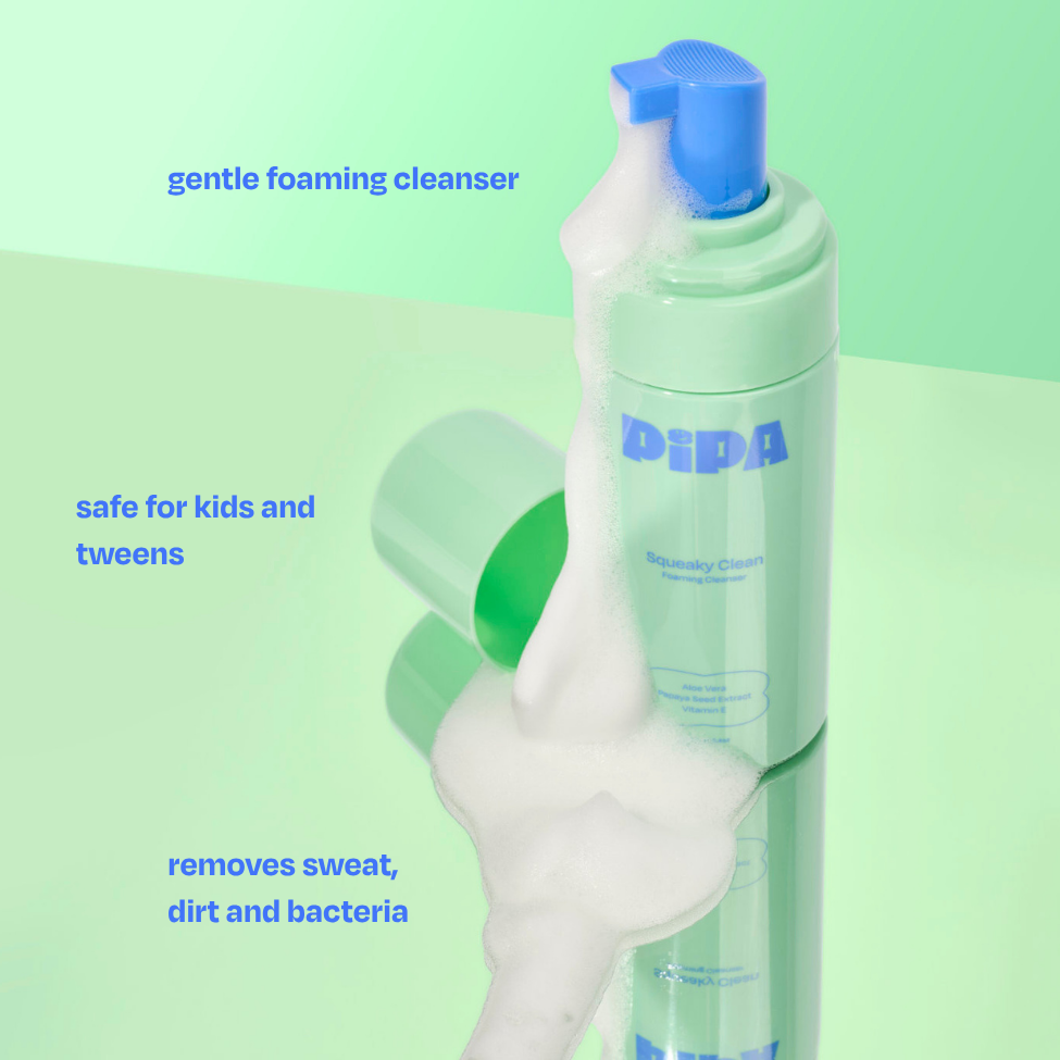 Squeaky Clean foaming cleanser with Skin Saver spray and Sun-Sational SPF30 in Pipa Clear Pouch bundle for kids and tweens