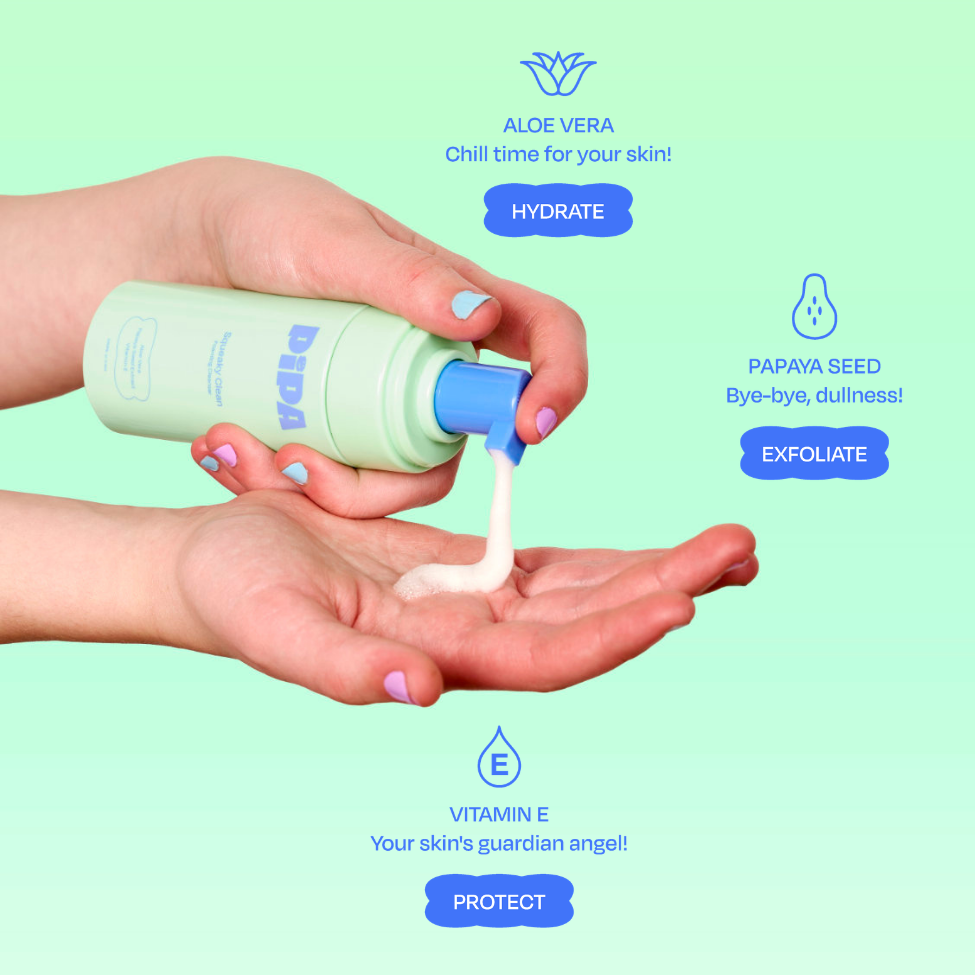 Squeaky Clean gentle face wash for kids with aloe vera, papaya seed, and vitamin E