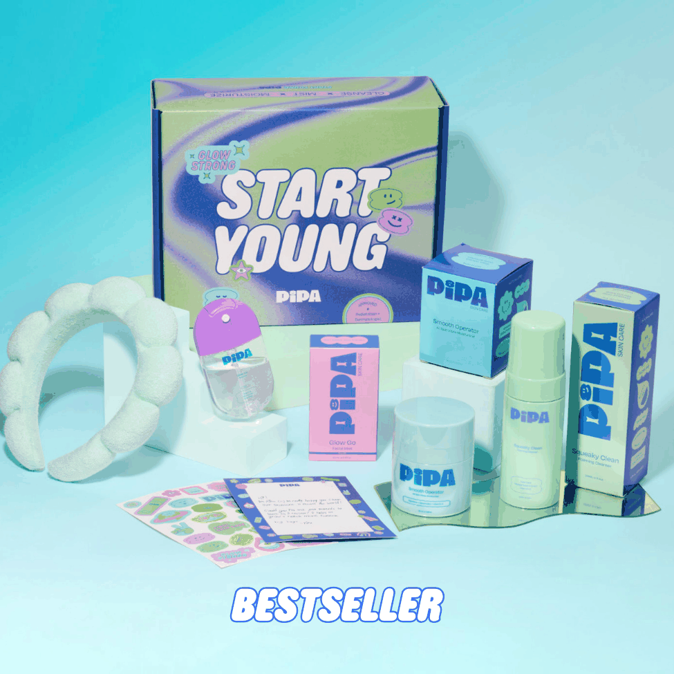 Start Young Bundle tween skincare set with cleanser, moisturizer, mist, and free Pipa headband