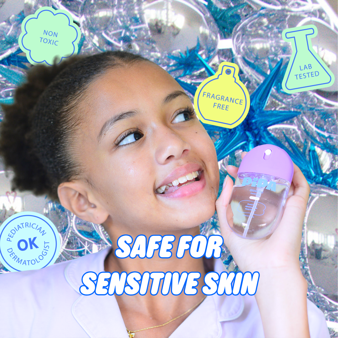Tween girl holding Glow Go mist spray bottle safe for sensitive skin with non-toxic and fragrance-free labels